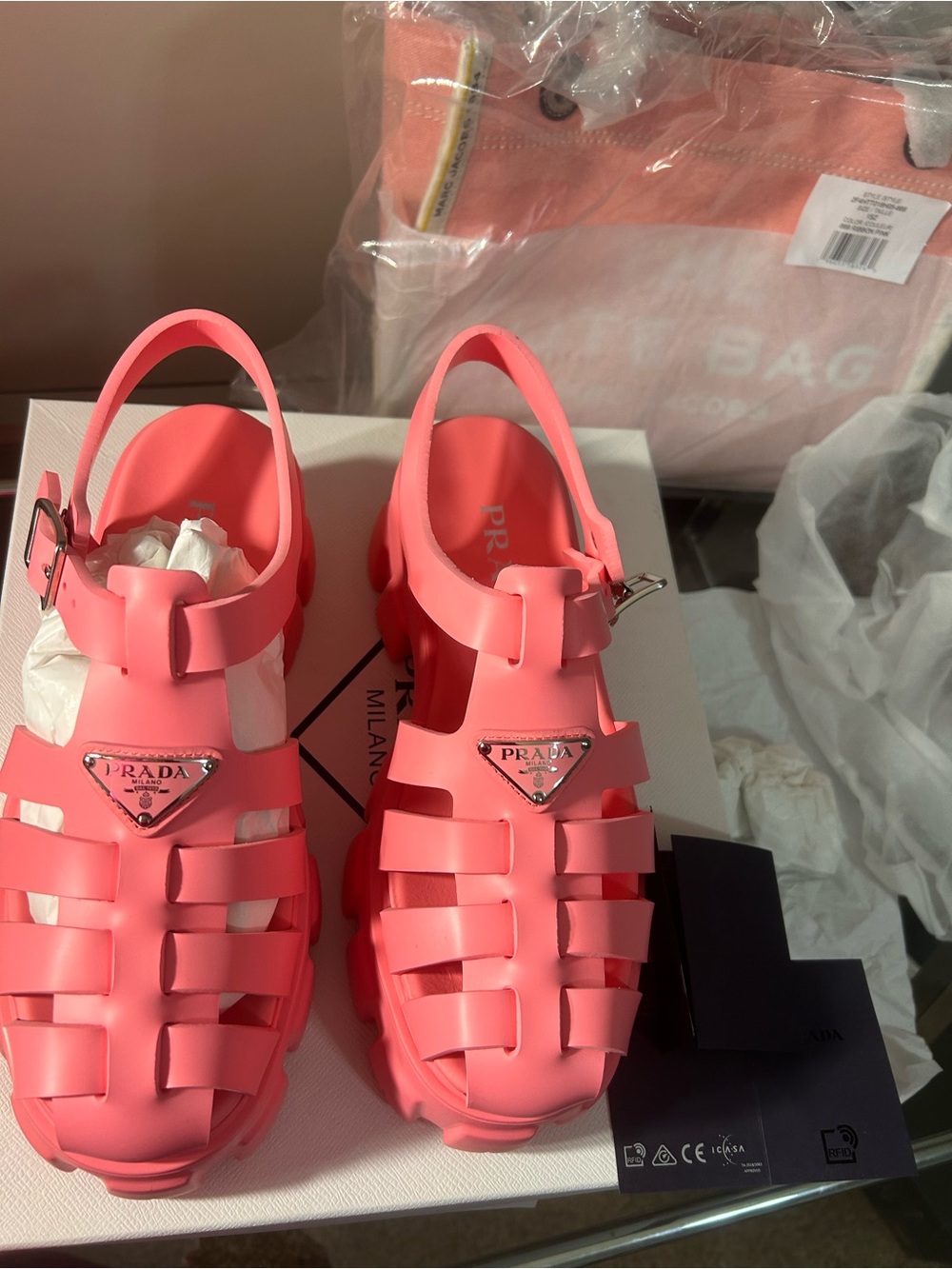Prada Coral Pink Jelly Platform Fisherman Sandals